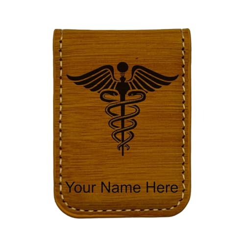 LaserGram Slim Magnetic Money Clip, Caduceus Medical Symbol, Personalized Engraving Included (Bamboo)