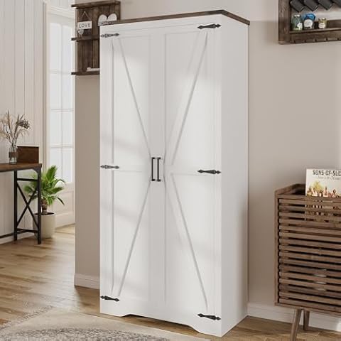 Befrases Tall Farmhouse Storage Cabinet with Adjustable Shelves, Large Pantry Organize with 2 Barn Doors, 72" H Freestanding Cabinet for Kitchen, Bathroom/Garage/Basement/Living/Utility Room, White Cover