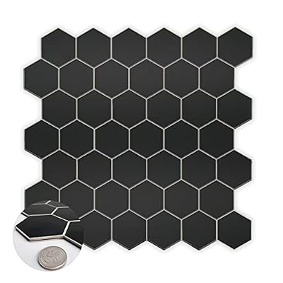 10-Sheet Hexagon Peel and Stick Backsplash, 11.42" x 11.42" Black Honeycomb Self-Adhesive Marble Mosaic Wall Tile, Waterproof Stick on Backsplash Tiles for Kitchen Bathroom Shower