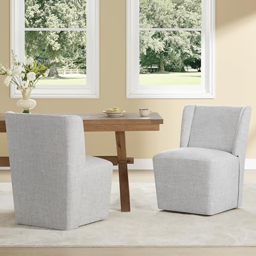 Image of KISLOT Upholstered Dining Chairs Set of 1 with Casters, Wingback Modern Side Armless Deskchair with Rollers for Diningroom Bedroom Livingroom Reading Room, Light Grey Fabric