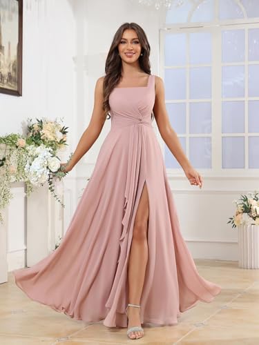 Women's Square Neck Chiffon Bridesmaid Dresses with Pockets Pleated A Line Formal Evening Dress with Slit2