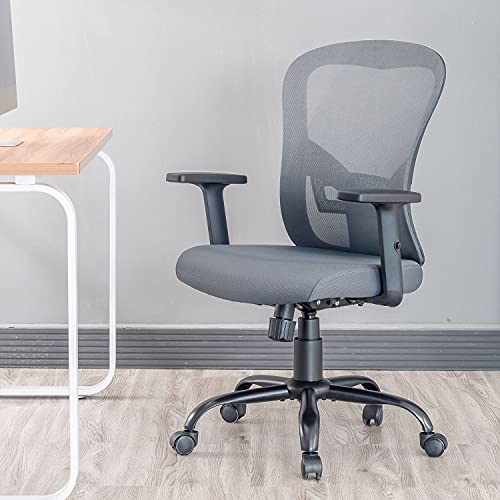 QY Ergonomic Office Chair with Lumbar Support and Adjustable Arms, Grey Mesh Back Computer Chair, Comfortable Conference Manager Chairs for Home Office Study Work