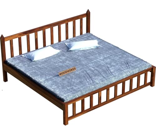 Image of Sheesham Wood Bed Without Storage Solid Wooden Cot Double Bed Furniture Elegant and Functional Bedroom Living Room Home Palang (Natural, Queen)
