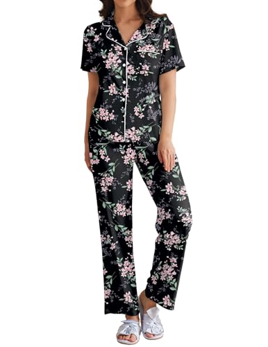 Image of Ekouaer Womens Pajamas Set Short Sleeve Button Down Top & Pants Lounge Pjs | Soft Sleepwear with long pants, ideal for Home relaxation, Wedding, Party, Daily Wear & Breastfeeding