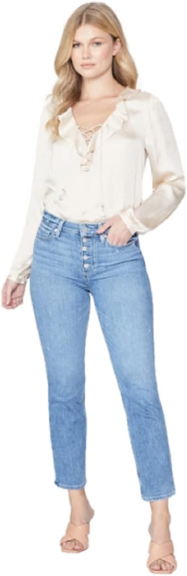 PAIGE Women's Cindy Crop Exposed Button Fly High Rise in Say Anything Distressed