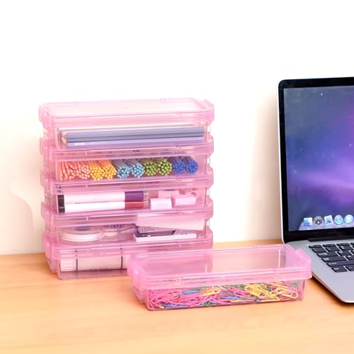 Image of 1QT 6Packs Clear Craft Organizers and Storage with Fixed-Compartment Tray,Art Supply Organizers and Storage, Craft Storage Bins with Lids for Beads, Markers, Sewing, Playdoh, Coloring Books, Pink