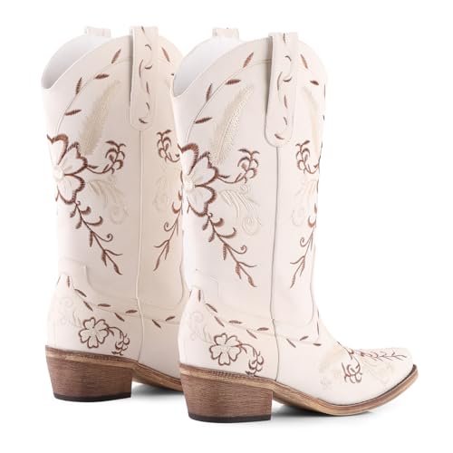 Image of LingxiaUne Cowboy Boots for Women Floral Cowgirl Boots with Pointed Toe and Chunky Heel Mid Calf Western Boot for Concert Festival Country Night Party