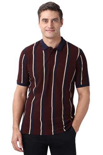 Image of Peter England Men's 100% Cotton Vertical Striped Polo T-Shirt - Casual Wear | Sleek & Comfortable