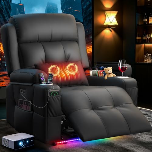 Dark grey Tiooii home theater recliner shown reclined with LED footwell light — proves the chair carries the LED and heat features named in the listing