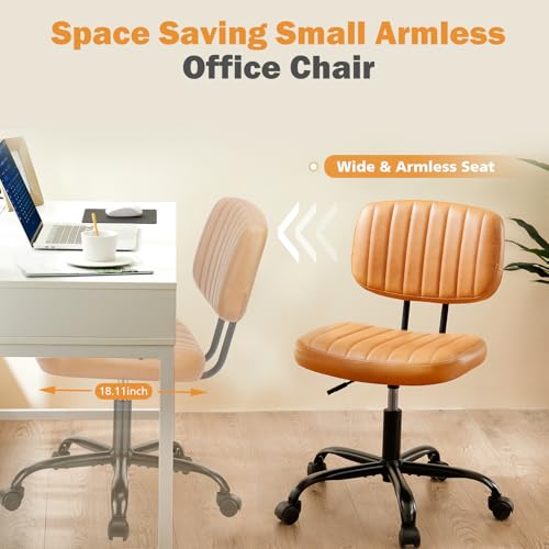 Image of Sweetcrispy Office Desk Chair, Small Home Vanity Chair, Lumbar Support | Armless PU Leather, Height Adjustable Rolling Swivel Task, Bedroom Home Student, Brown
