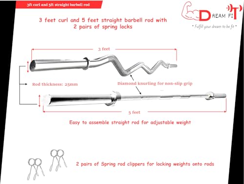 Image of DREAM FIT Premium Solid Chrome Plated 3 feet Curl Rod and 5 feet Straight Rod (25mm thick) with 2 pairs of spring locks - barbell bar for home gym