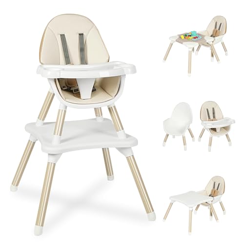 Image of XueMi 6 in 1 Baby High Chair, Convertible Highchair for Babies and Toddlers, Building Block Table Highchair with 5-Point Safety Harness/Removable Tray, Infant Feeding Table and Chair Set, Khaki