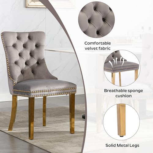 Image of 5-Piece Dining Table Set with 39In Tempered Glass Table and 4 Velvet Upholstered Chairs, Modern Scandinavian Furniture for Dining Room Kitchen(Gray&Gold)