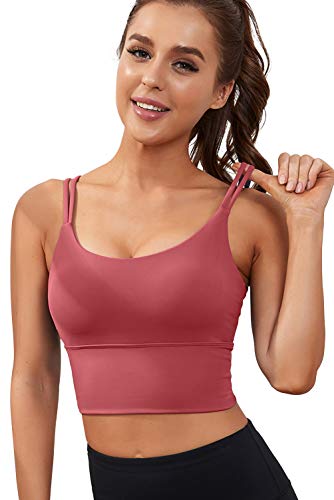 Everrysea Womens Longline Sports Bra Padded Yoga Workout Crop Tank Tops Strappy Camisole Fitness Shirts Rose #TOP1