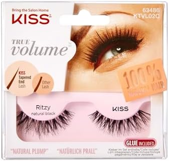 KISS True Volume Collection - 1 par de pestañas postizas, Ritzy, 100% pelo natural, con tecnología de extremo cónico, incluye pegamento para pestañas