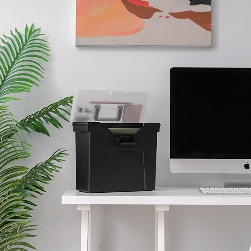 Image of IRIS USA Slim Portable File Box Organizer with Lid, Letter Files, Black | Carry letter size files, folders and paperwork with a slim portable design and secure storage for everyday organization