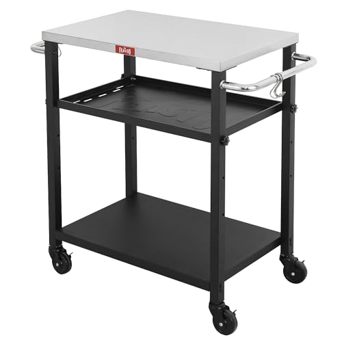 Image of Feasto 3-Tier Outdoor Grill Cart, Rolling Pizza Oven Table with Compact 26.6" x 16.1" Stainless Top for Pizza Ovens & Griddles, Outdoor Bar Cart with S-Hooks for Patio Parties, Deck Dining & Camping