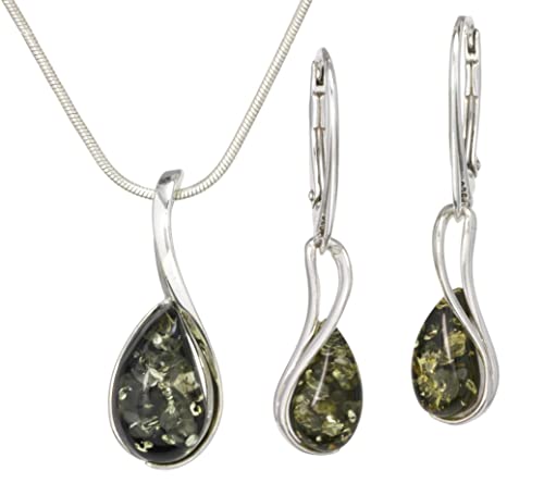 Collar de ámbar báltico verde y pendientes en plata de ley 925 joyería artesanal de lujo