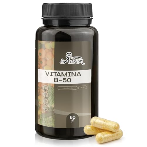 Aurica Vitamina B50 Complex 60 Cápsulas - 1 al Día - Suplemento con B1, B2, B3, B5, B6, B12, Ácido Fólico y Biotina - Apoya Energía, Sistema Nervioso, Metabolismo y Bienestar Diario