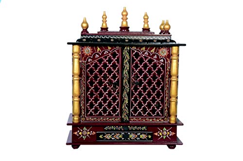 Jodhpur Handicrafts Wooden Temple with LED Bulb with Pooja Thali and God Photo Frame