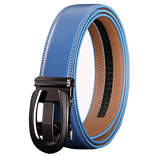 BAJIE Cinturón Hombre, cinturón Azul para Hombre, Vaqueros de Cuero, cinturón automático con Hebilla de trinquete, Ropa de Calle de Mezclilla de diseñador para Hombre