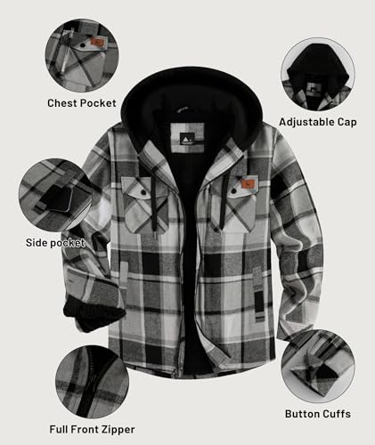 Image of ZITY Men's Flannel Jacket Zip Up Fleece Plaid Shirt Hoodie Winter Warm Coat | Thick Sherpa Lined, Long Sleeve Outwear, Heavyweight, Sweatshirt with Pocket, Work School Vacations