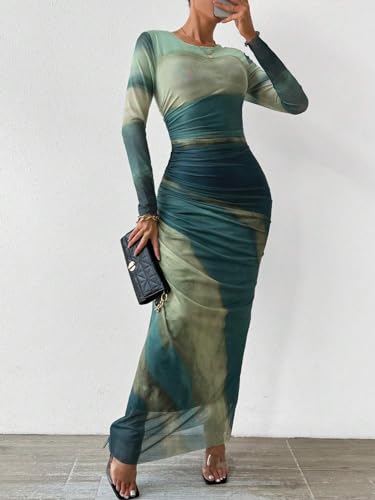 Image of MARZXIN Women Long Sleeve Maxi Dress Bodycon Ruched Formal Slim Fit Tie Dye Dress Formal Mesh Dress