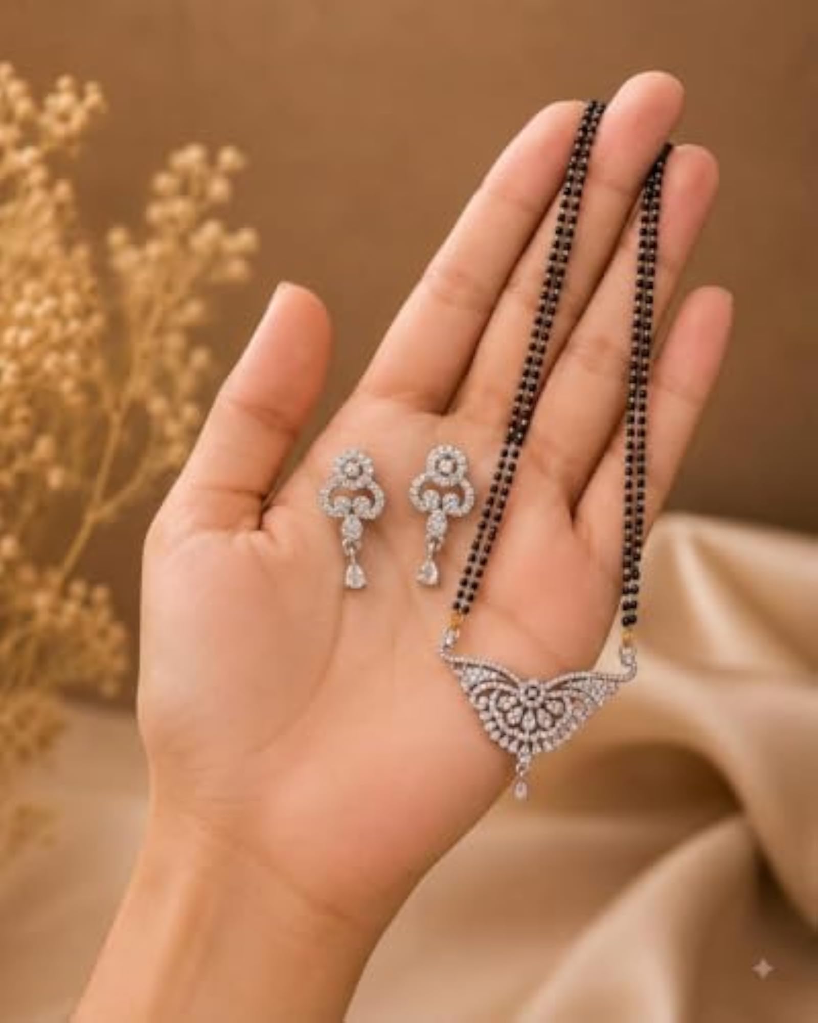 Women's Designer Black Beads Mangalsutra Set with Matching Earrings