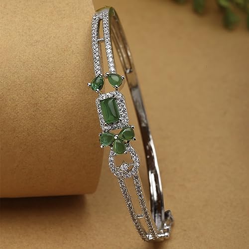 Image of ZENEME Rhodium-Plated American Diamond Studded Flower Patterned Kada Bracelet For Girls and Women