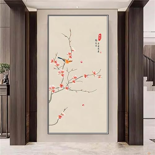 Broderie diamant oiseau fleur rose grand format 70x140cm pour loisirs créatifs