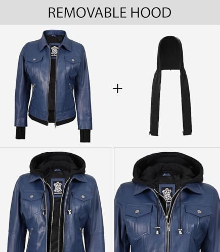 Image of Womens Leather Jacket with Detachable Hood - Real Lambskin Bomber Jacket Thumbholes Women