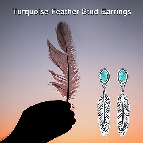 Sterling Silver Turquoise & Malachite Feather Dangle Stud Earrings - Hypoallergenic Western Style - Vintage Eagle Feather Drop Ear Studs for Women4