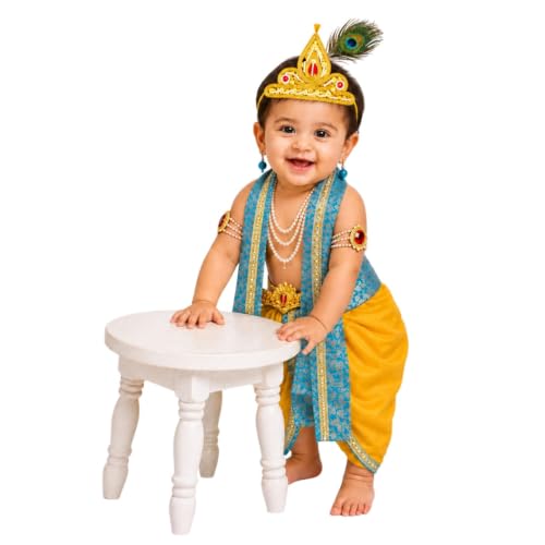 Image of ITSMYCOSTUME Krishna Dress for Baby Boy Kids Set of 10(Dhoti,Patka,Hip Cover,Mukut,Morpankh,Bansuri,Kamarband,Bajuband,Kundal) Little Krishna Ji Kanha Janmasthmi Costume for Kids