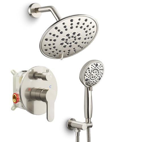 Image of SR SUN RISE Shower Faucet - 8 Inch Multifunctional High Pressure Shower Head System with Handheld Shower Head Fixtures - Valve Included - Brushed Nickel