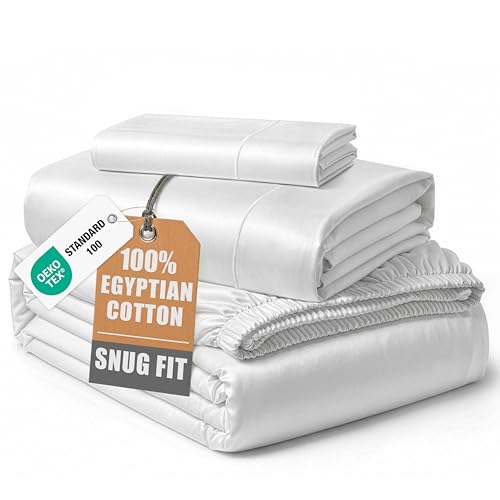 Image of LANE LINEN Twin Sheets 100% Egyptian Cotton Sateen - White | Twin Bed Sheets - 3-Piece Set, Ideal For Dorms And Guest Beds, For Guests And Everyday Use, Silky Hotel-Style Drape