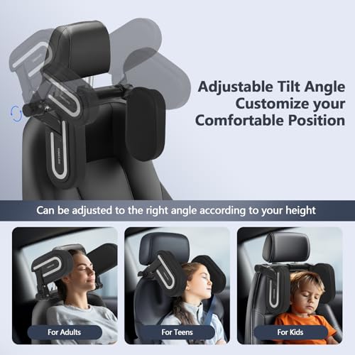Image of Car Headrest Pillow, 180 Adjustable Car Pillow for Kids, U- Shaped Design, Head Neck Support Head Rest, Travel Sleeping Car Headrest for Kids and Adults (Black)