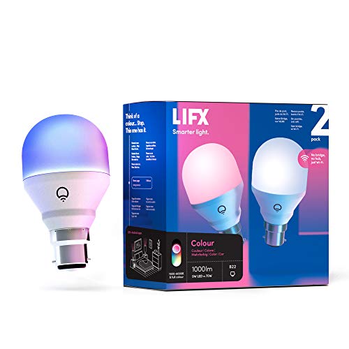 LIFX Colour A60 1000 lumens [B22], Milliards de couleurs et de teintes de blanc, Ampoule LED connectée Wi-Fi, Pas de pont, Compatible avec Alexa, Hey Google, HomeKit et Siri, Pack de 2 Cover