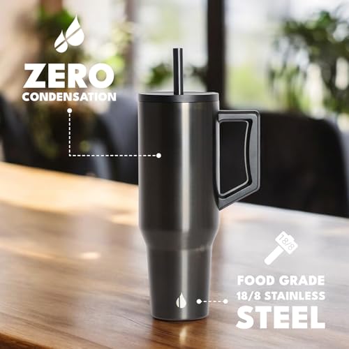 Image of Elemental Spill Proof 40oz Insulated Tumbler with Handle & Straw Travel Mug | Stainless Steel Commuter Travel Coffee Mug for Cold Beverages, Includes 2 Straws & a Spill Proof Lid for Everyday Use