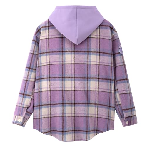 Cartoon Long Sleeve Plaid Shirts for Petite Women Girls Button Down Hooded Shacket Fall Flannel Shirt Tops with Hood2