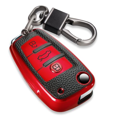 Image of Key Fob Cover for Audi, Leather-Style Keychain Tab Cover, Red