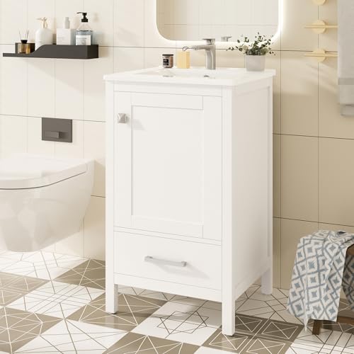 Merax 20" Bathroom Vanity with Ceramic Sink, Soft-Close Drawer & Door, Double-Layer Door Organizer, Divider Drawer, Adjustable Foot Pads, Modern Freestanding Storage Cabinet for Small Bathrooms by Merax - Used condition - US$202.05