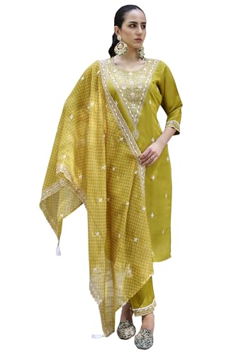 Image of VredeVogel Women's Silk Blend Embroidered Kurta with Pant & Organza Dupatta Set