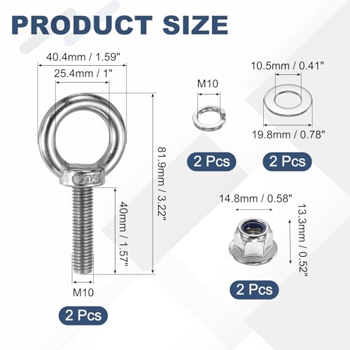 Image of PATIKIL M10 x 40mm Shoulder Eye Bolt, 2 Pcs 304 Stainless Steel Lifting Ring Threaded Eye Bolt with Flange Lock Nuts Spring and Flat Washers for Hanging Tie Down Straps Outdoor Indoor