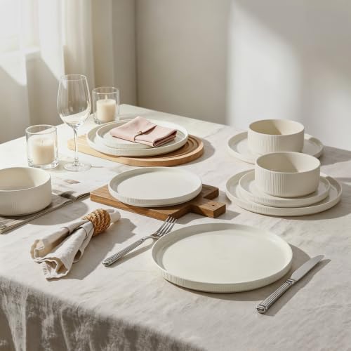 Image of Stoneware Dinnerware Sets for 4, 12Pcs Plates and Bowls Set, Cream White | Handmade Reactive Glaze Ceramic Dishes, Microwave and Dishwasher Safe, Modern Minimalist Ribbed Tableware for Everyday Use