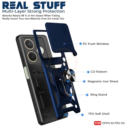 Image of Armor Bumper Back Cover Case for Oppo A5 Pro 5G Rotating Camera Cover, Ring Holder & Kickstand | Heavy Duty & 360 Degree Protection Oppo A5 Pro 5G Back Cover (Blue)