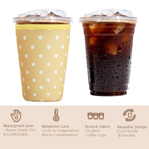 Image of Reusable Insulated Sleeve for Iced Coffee Cup, 3-Pack Coffee Neoprene Drink Sleeve for Cold & Hot Drinks, Beverage Holder for Iced Coffee (Yellow Dots)