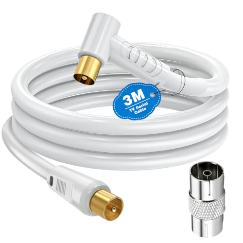 Image of Ancable TV Aerial Cable with Coaxial Adapter 3M White TV Ariel Lead