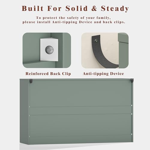 Image of Fluted 6 Drawer Dresser for Bedroom, 55 inch Wide Modern Wooden Chest of Drawers with Metal Handles, TV Stand & Closet Storage Organizer for Living Room,Hallway, Green