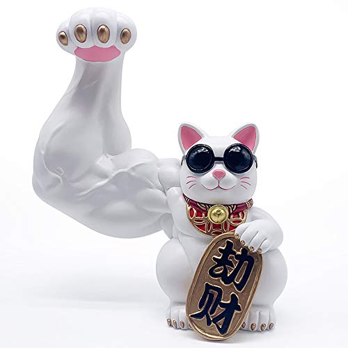 Maneki Neko Resina Gato de la Suerte Afortunado Gato Caja de Dinero Lucky Bendición Lucky Cat Piggy Bank Gato con Brazo Fuerte, Lindo Estilo,Blanco,S Cover