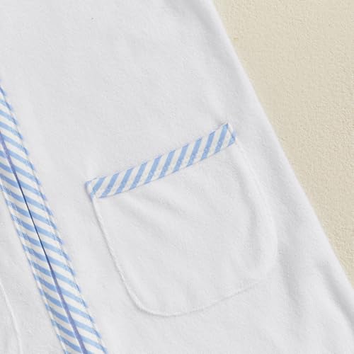 Image of Girls Boys Hooded Terry Coverups One Piece Swimsuits Summer Striped Trim Zip Up Short Sleeve Swim Cover Up Beachwear